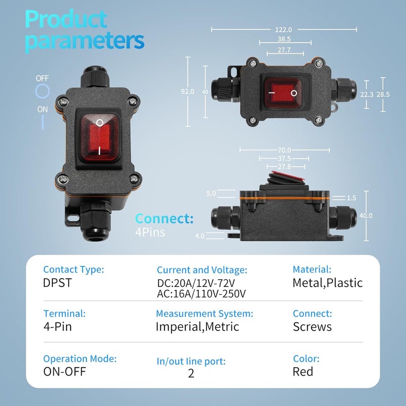Tevacohn Heavy Duty Inline Power Switch AC 110V/250V, IP67 Waterproof ON/Off Switch with Red Indicator Light for Home Appliances, Tools, Pumps, Outdoor Lighting（Two Side） - Image 2